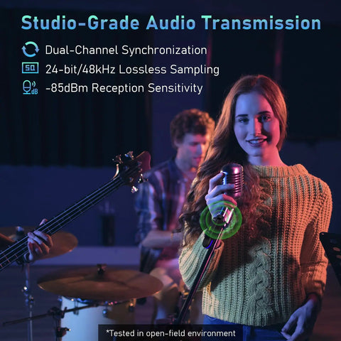 Musician using Wireless XLR Mic System For Dynamic Mics With Plug-On Transmitter And Receiver, 100ft Range, performing on stage
