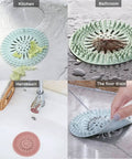 Slick Rubber Drain Stopper And Hair Catcher For Showers, Baths, And Kitchen Sinks, No Sweat Strainer Plug, various colors in use.