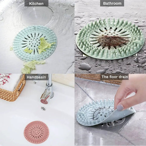 Slick Rubber Drain Stopper And Hair Catcher For Showers, Baths, And Kitchen Sinks, No Sweat Strainer Plug, various colors in use.