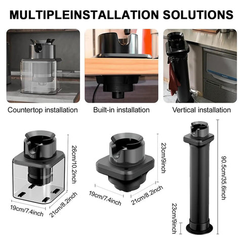 Heavy Duty Automatic Electric Knock Box For Espresso with installation options for countertop, built-in, and vertical setups.