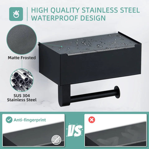 Super Handy Matte Black Toilet Paper Holder With Shelf And Storage For Flushable Wipes Includes Two Pack Towel Robe Hooks Made Of Rustproof Stainless Steel Adhesive Or Screw Wall Mount for bathroom