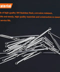 Cotter pins, 100-piece 304 stainless steel assortment kit, top-view scattered on dark surface.