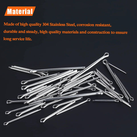 Cotter pins, 100-piece 304 stainless steel assortment kit, top-view scattered on dark surface.