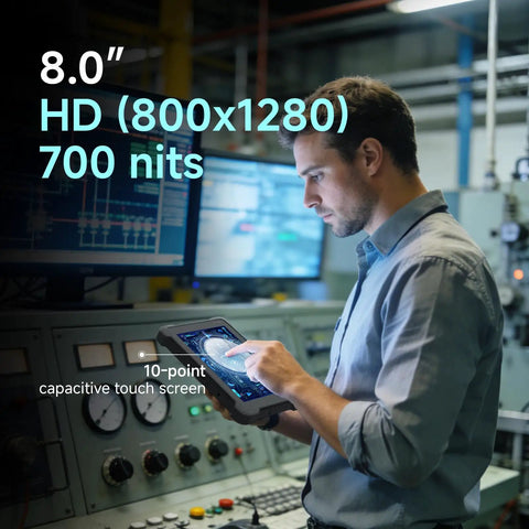 Badass Eight Inch Android 14 Rugged Tablet Packed With Zebra 4710 Barcode And QR Scanner Heavy Duty Industrial PC For Warehouse Logistics And Retail Inventory Tracking With Killer 8GB Plus 128GB Storage held by a user in a control room.
