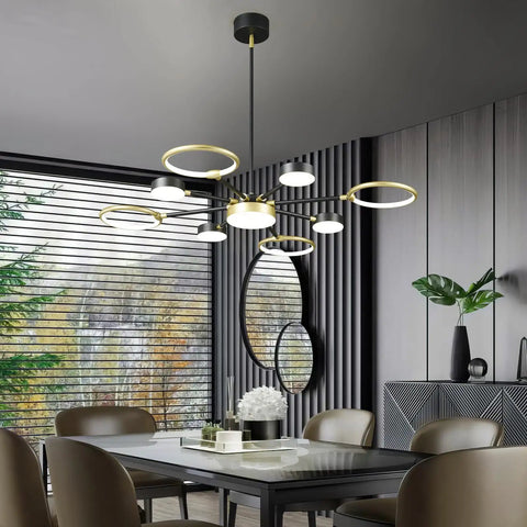 Modern Farmhouse Black And Gold LED Pendant Light 7 Light Sputnik Chandelier Dope Modern Ceiling Fixture For Dining Room