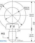Engineering diagram of M12 Stainless Steel Lifting Eye Bolts Set Of 2 For Heavy Duty Hoisting
