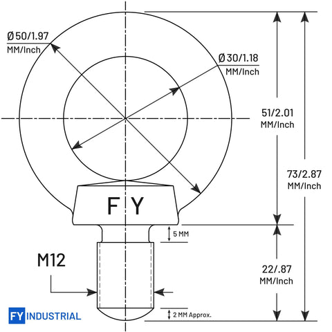 Engineering diagram of M12 Stainless Steel Lifting Eye Bolts Set Of 2 For Heavy Duty Hoisting