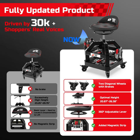 Rolling Shop Stool For Garage With Casters Adjustable Height 360 Degree Swivel Padded Mechanic Stool With Tool Tray Storage