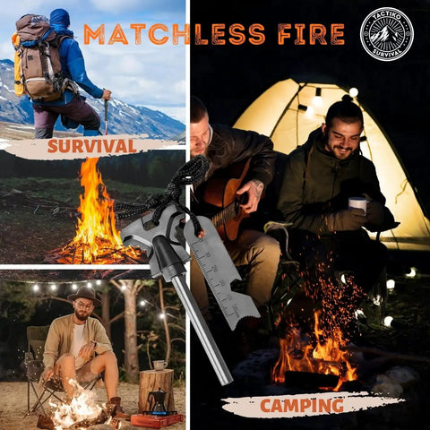 Outdoor scenes with campfires and Go-To Survival Fire Starter Kit With Flint And Steel 4 Inch Magnesium Ferro Rod displayed
