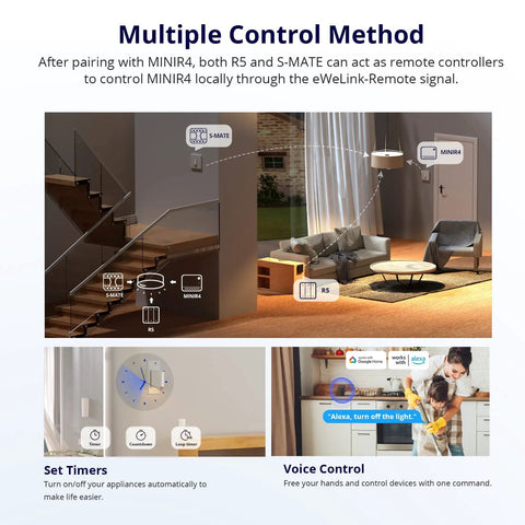 Living room with Dope Tiny 10A WiFi Smart Light Switch Module for DIY Home Automation No Hub Needed Works With Alexa and Google Home 4 Pack.