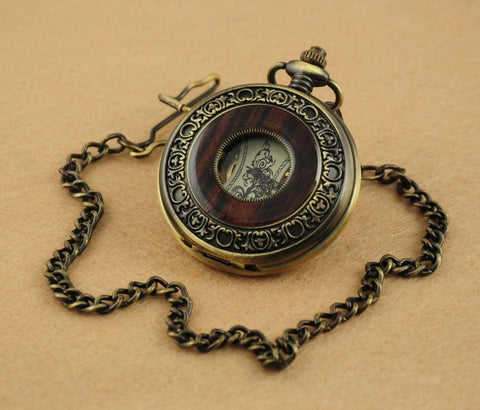 Hand Wind Mechanical Pocket Watch For Men With Vintage Steampunk Wood Grain Hollow Design Chain And Gift Box Old School Vibe Gift For Dad Husband Or Brother On Christmas Birthday Anniversary