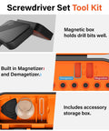 Ultra Compact Precision Screwdriver Set storage box with magnetizer and demagnetizer, accessory compartments visible.
