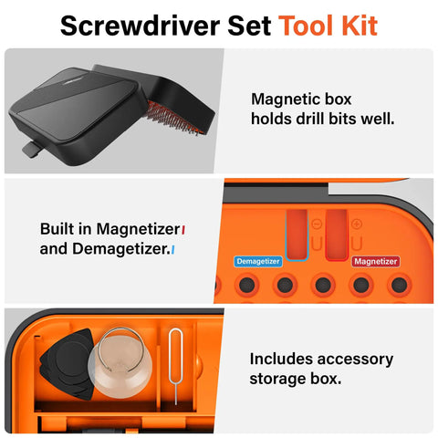 Ultra Compact Precision Screwdriver Set storage box with magnetizer and demagnetizer, accessory compartments visible.