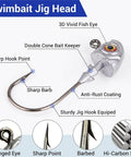 Close-up of 3D Eyes Bass Jig Heads For Fishin And Angling, 15 Pieces Of Finesse Swimbait Jigs With Cone Bait Keeper, labeled features