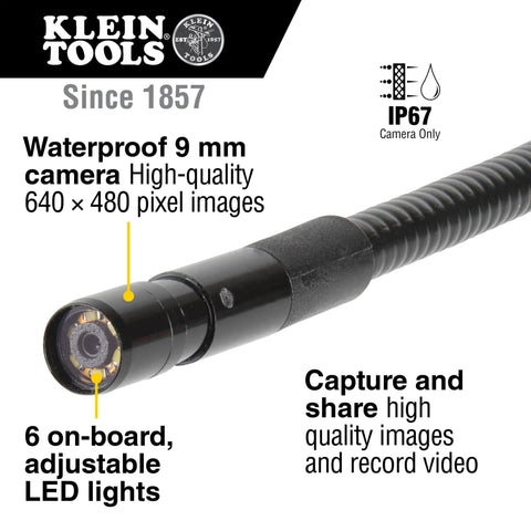 ET16 Borescope With 8mm Camera showing waterproof feature and LED lights, suitable for tight spaces and digital inspection.