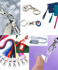 Hella Durable Premium Silver Swivel Snap Hooks 50 Pack Lobster Claw Trigger Clasps for keychains and lanyards displayed with various styles.