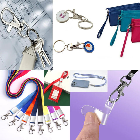 Hella Durable Premium Silver Swivel Snap Hooks 50 Pack Lobster Claw Trigger Clasps for keychains and lanyards displayed with various styles.