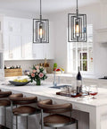 Black Geometric Pendant Lighting For Kitchen Island And Foyer, Adjustable Frame Chandelier in modern white kitchen, angled view