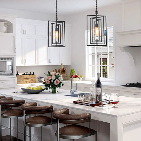 Black Geometric Pendant Lighting For Kitchen Island And Foyer, Adjustable Frame Chandelier in modern white kitchen, angled view