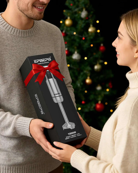 Heavy Duty Corded Stick Blender With 1000W Pure Copper Motor And 11 Speed Adjustable Settings in a gift box, presented by a man to a woman.