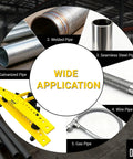 Heavy Duty Electrohydraulic Pipe Bender Machine For Steel Copper Round Tubes With Roller Hydraulic Design Bends 0.9 To 4.5 Inch Diameter Pipes Includes 10 Dies For 110V Power Smooth Professional Grade Tube Forming Tools with various pipe types listed.
