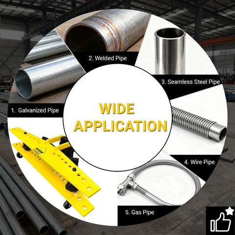 Heavy Duty Electrohydraulic Pipe Bender Machine For Steel Copper Round Tubes With Roller Hydraulic Design Bends 0.9 To 4.5 Inch Diameter Pipes Includes 10 Dies For 110V Power Smooth Professional Grade Tube Forming Tools with various pipe types listed.