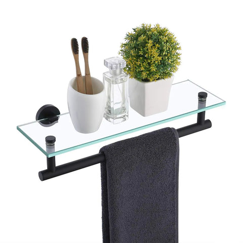 Space Saving 16 Inch Glass Shower Shelf With Towel Bar Floating Wall Mount Tempered Glass Matte Black Finish SUS304 Stainless Steel Bathroom Organizer with decor items and towel bar