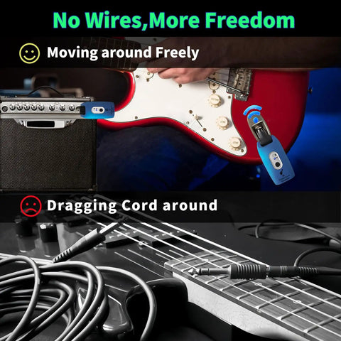 2.4GHz Wireless Guitar System With Transmitter And Receiver, Rechargeable, 270 Degree Rotatable Plug shown on electric guitar