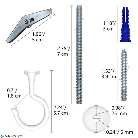 Heavy Duty Ceiling Swag Hooks Set, White 4 Pack For Plants And Lights, Zinc Alloy Hangers With Anti Slip Coating, parts dimensions