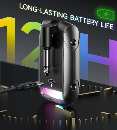 RGB Lighting Wireless Guitar System With 230 Ft Range For Guitars And Basses, Black transmitter showing charging cable and battery life