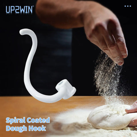 Coated Spiral Dough Hook Replacement For Lift Stand Mixers with hand kneading dough in background