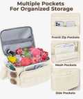 Insulated Puffer Cooler Bag Holds Thirty Two Cans Soft Side Duffel Tote With Double Deck Setup Built For Weekend Warrior Chill Sessions Tailgate Stashes And Day Trip Essentials Beige showing multiple organized storage pockets with drinks and fruits.