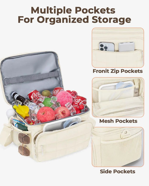 Insulated Puffer Cooler Bag Holds Thirty Two Cans Soft Side Duffel Tote With Double Deck Setup Built For Weekend Warrior Chill Sessions Tailgate Stashes And Day Trip Essentials Beige showing multiple organized storage pockets with drinks and fruits.