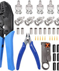 Coaxial Cable Tool Kit With Heavy Duty BNC Crimp Tool And 10 Pcs BNC Male Connectors, Coax Stripper Cutter, Wire Cutter And Heat Shrink Tube Set For RG58 RG59 RG62 RG174, tools displayed against white background.