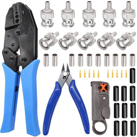 Coaxial Cable Tool Kit With Heavy Duty BNC Crimp Tool And 10 Pcs BNC Male Connectors, Coax Stripper Cutter, Wire Cutter And Heat Shrink Tube Set For RG58 RG59 RG62 RG174, tools displayed against white background.