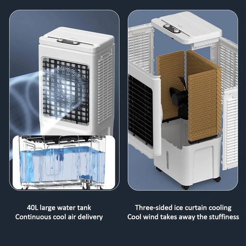 Heavy Duty Portable Air Cooler With Massive 40 Liter Tank 3 Cooling Modes And Breezy 3 Speed Settings Indoor Outdoor Evaporative Swamp Unit showing 40L tank and three-sided cooling.