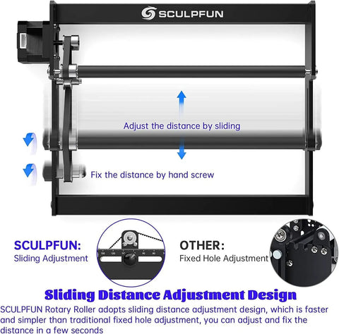 Plug And Play Laser Rotary Roller For Y Axis Engravers showcases sliding distance adjustment mechanism for precise engraving.
