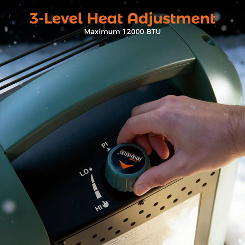 Hand adjusting knob on 12000 BTU Propane Patio Heater Portable Outdoor Space Heater For Camping And Deck Use, Fast Warmth