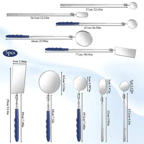 Five Piece Telescoping Inspection Mirror Set with Flexible Stainless Steel Handles Extendable Long Reach and 360 Degree Rotation for auto repair and vehicle inspection