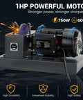 Badass Heavy Duty Lawn Mower Blade Sharpener With Nine Inch Grinding Disc And One Horsepower Motor, showing 1HP motor with grinding disc.