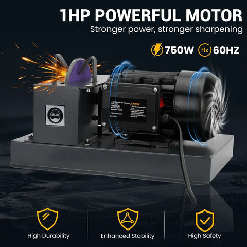 Badass Heavy Duty Lawn Mower Blade Sharpener With Nine Inch Grinding Disc And One Horsepower Motor, showing 1HP motor with grinding disc.