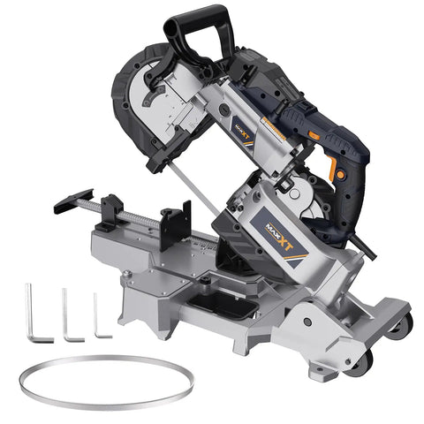 Powerful 10 Amp Portable Band Saw With Lightweight Aluminum Base 5 Inch Deep Cut Variable Speed Handheld Automatic Cut Carrying Wheels