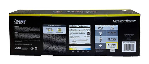 Box of Dimmable LED BR30 Flood Light Bulbs 65W Equivalent Soft White with specifications and energy saving details.