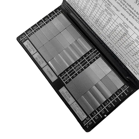 30 Pc Surface Roughness Specimen Comparator Pocket Set For Machinists And Inspectors With Realistic Finish Samples 7 8 Inch By 3 8 Inch Flat Lapping 2 4 8 Finishes Conforms To SAE And Military Specifications. Surface roughness comparator pocket set with metal finish samples