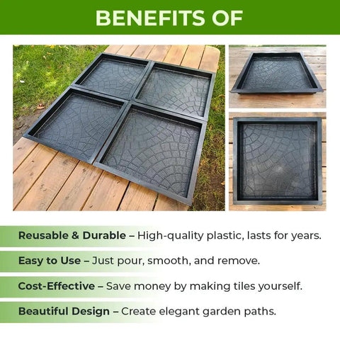 DIY Concrete Molding Set 4 Reusable Cobblestone Molds For Walkways And Patios displayed on wooden surface showing cobblestone pattern