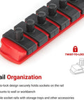 3/8 Inch Drive Socket Rail With 13 Inch Length And 15 Red Clips, Twist To Lock Sockets In Place Or Lock Them In, Made In USA