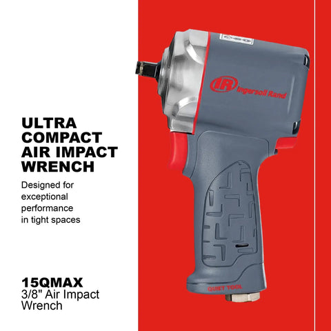 Ultra Compact Three Eighth Inch Air Impact Wrench With Quiet Operation shown on a red background, highlighting its design.