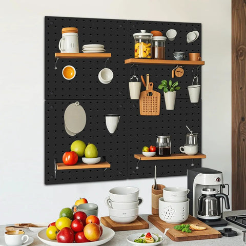 Heavy Duty Steel Pegboard Panels Pack Of 4 12x12 Inches Black for kitchen storage with mounted shelves and kitchen items