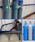 Heavy Duty Commercial Steel Gas Cylinder Wall Mount Bracket Securely Holds Up To 440 Lbs Rack For Propane Argon Oxygen Tanks shown with three gas cylinders attached.