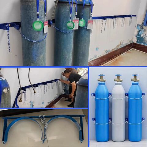 Heavy Duty Commercial Steel Gas Cylinder Wall Mount Bracket Securely Holds Up To 440 Lbs Rack For Propane Argon Oxygen Tanks shown with three gas cylinders attached.